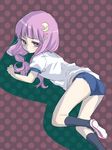  alternate_costume bent_over crescent crescent_hair_ornament hair_ornament looking_back machiko_(beard) patchouli_knowledge purple_hair solo touhou 