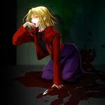  blonde_hair blood crossdressing fang finger_licking jacket kara_no_kyoukai knife kuroi licking long_skirt male_focus otoko_no_ko purple_skirt red_eyes red_jacket shirazumi_lio skirt solo tongue 