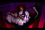  aoi_mitsuru bad_id bad_pixiv_id breasts cleavage hair_bobbles hair_ornament large_breasts onozuka_komachi red_eyes red_hair scythe short_hair solo touhou two_side_up 
