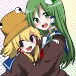  :d alternate_costume bad_id bad_pixiv_id blonde_hair eyes frog green_eyes green_hair hair_ornament hat hug kochiya_sanae long_hair marimo_danshaku moriya_suwako multiple_girls open_mouth polka_dot polka_dot_background purple_eyes school_uniform serafuku short_hair smile snake touhou 