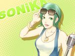  bracelet earrings glasses green_eyes green_hair green_nails jewelry katsukumi microphone microphone_stand nail_polish necklace short_hair smile solo sonika vocaloid 