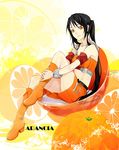  arancia bad_id bad_pixiv_id bandeau black_hair boots food fruit izumi_(nagashi) legs long_hair midriff orange orange_(color) orange_eyes orange_skirt original sitting skirt solo strapless tubetop 