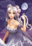  back_bow bare_shoulders bishoujo_senshi_sailor_moon blue_eyes bow breasts cleavage crown double_bun dress facial_mark flower forehead_mark gibbous_moon grey_hair hair_flower hair_grab hair_ornament jewelry large_breasts long_hair moon necklace neo_queen_serenity older pearl_necklace pink_flower pink_rose purple rose silver_hair solo sparkle strapless strapless_dress tiara tsukino_usagi yukiusagi1983 