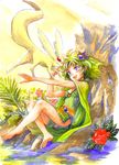  barefoot blue_eyes blush cape carbuncle_(final_fantasy) closed_eyes dress feet final_fantasy final_fantasy_iv flower green_hair hair_ornament hirokazu jewelry nature open_mouth rydia sitting smile summoner_(final_fantasy) traditional_media water watercolor_(medium) younger 