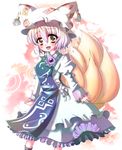  bad_id bad_pixiv_id fox_tail hat juliet_sleeves komiya_hitoma long_sleeves looking_at_viewer multiple_tails open_mouth pillow_hat puffy_sleeves short_hair smile solo tail tassel touhou white_background white_hair wide_sleeves yakumo_ran yellow_eyes 