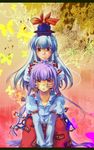  blue_hair bow fujiwara_no_mokou hat kamishirasawa_keine kawamochi_(itiori10) long_hair multiple_girls purple_hair red_eyes ribbon suspenders touhou 