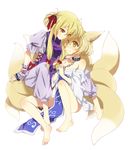  animal_ears bad_id barefoot blonde_hair chain collar eye_contact feet fox_ears fox_tail highres konayama_kata leash looking_at_another multiple_girls multiple_tails short_hair tail touhou yakumo_ran yakumo_yukari yellow_eyes yuri 