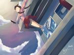  balcony blood braid brown_hair burnia closed_eyes cloud dated kneehighs knife long_sleeves madotsuki miniskirt night night_sky no_shoes outstretched_arms panties pink_shirt red_skirt shirt signature skirt sky socks spoilers star_(sky) starry_sky suicide sweater twin_braids underwear upskirt weapon white_legwear wind yume_nikki 