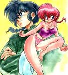  black_hair blue_eyes braid genderswap lowres ranma-chan ranma_1/2 red_hair redhead saotome_ranma single_braid 