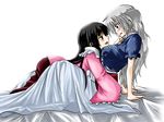  bed bed_sheet between_breasts black_hair blue_eyes blush breasts chin_grab houraisan_kaguya hug large_breasts long_hair multiple_girls profile red_eyes silver_hair sweatdrop touhou unya yagokoro_eirin yuri 