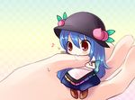  :&gt; biting blue_hair checkered chibi finger_biting food food_as_clothes fruit fummy hands hat hinanawi_tenshi in_palm long_hair minigirl musical_note out_of_frame peach red_eyes solo_focus touhou 