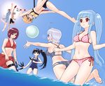  5girls ahoge angel_(kof) ass atk bad_id bad_pixiv_id barefoot bikini black_hair blue_hair day diagonal_stripes feathers feet k' kof:_maximum_impact kula_diamond kurosaki_miu lens_flare maxima maximum_impact_ii multiple_boys multiple_girls nagase_(kof) navel red_eyes shouryuuken side-tie_bikini side_ponytail striped striped_bikini swimsuit the_king_of_fighters the_king_of_fighters_ex2 twintails uppercut wading water whip_(kof) 