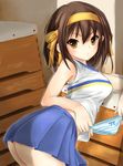  ass bent_over breasts brown_hair cheerleader garickson gym_storeroom hairband holding holding_panties indoors large_breasts looking_back midriff no_panties orange_hairband panties short_hair skirt skirt_lift solo striped striped_panties suzumiya_haruhi suzumiya_haruhi_no_yuuutsu underwear vaulting_horse yellow_eyes 