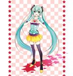  aqua_eyes bad_id bad_pixiv_id bpm_(vocaloid) checkered checkered_background green_eyes hatsune_miku heart heart_hands high_heels hood hoodie legs long_hair mca_(dessert_candy) purple_legwear shoes skirt solo star thighhighs twintails very_long_hair vocaloid zettai_ryouiki 