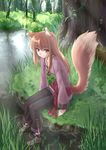  animal_ears anklet barefoot brown_hair day errant forest highres holo jewelry long_hair nature pond red_eyes ripples river sitting soaking_feet solo spice_and_wolf tail tree water wolf_ears wolf_tail 
