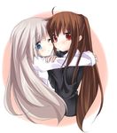  bad_id bad_pixiv_id blue_eyes brown_hair hug little_busters! long_hair multiple_girls natsume_rin noumi_kudryavka one_eye_closed ponytail red_eyes school_uniform shino_(sosuketo) silver_hair 