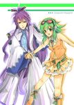  1girl bad_id bad_pixiv_id boots goggles goggles_on_head green_eyes green_hair gumi headphones holding_hands kamui_gakupo long_hair ponytail purple_hair short_hair skirt smile vocaloid wrist_cuffs yuki_urina 