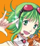  \m/ bad_id bad_pixiv_id collar goggles goggles_on_head green_eyes green_hair gumi hani_(udauda) headphones lowres microphone nakajima_megumi open_mouth seikan_hikou seiyuu_connection short_hair simple_background smile solo vocaloid 