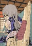  absurdres ankle_wrap barefoot brown_eyes feet gintama glasses grey_eyes highres long_hair looking_back ninja purple_scarf red-framed_eyewear sagatsune sarutobi_ayame scarf solo 