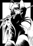  arms_behind_head arms_up black_hair black_legwear dress greyscale houjuu_nue monochrome polearm short_hair solo thighhighs touhou uka_(cessa) weapon wings zettai_ryouiki 