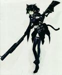  absurdres animal_ears belt black_hair black_rock_shooter book boots cat_ears demon_cannon_user full_body glasses green_eyes gun highres hood hood_down hoodie huge_weapon huke jacket non-web_source original pale_skin rifle short_hair simple_background smile solo tail thighhighs weapon zettai_ryouiki 