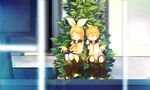  1girl bad_id bad_pixiv_id blonde_hair brother_and_sister closed_eyes detached_sleeves hair_ornament hair_ribbon hairclip hands headset kagamine_len kagamine_rin midriff outstretched_arm outstretched_hand plant reaching ribbon short_hair siblings smile soriku twins vocaloid 