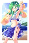  armpits arms_up frog green_eyes green_hair hair_ornament kochiya_sanae long_hair one_eye_closed snake solo touhou turupiko 