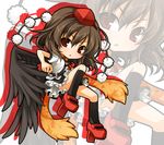  :&lt; bad_id bad_pixiv_id black_wings blush brown_eyes chibi geta hat looking_at_viewer red_eyes reina_(black_spider) serious shameimaru_aya short_hair solo tengu-geta tokin_hat touhou wings 