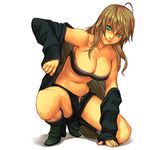  ahoge boots breasts brown_hair cleavage green_eyes large_breasts mustard_seeds navel original shorts solo unzipped yuuji_(and) 