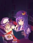  blonde_hair book checkerboard_cookie cookie cup eating flandre_scarlet food hat jam_cookie long_hair multiple_girls patchouli_knowledge ponytail purple_eyes purple_hair short_hair side_ponytail sleeping tea teacup touhou unasaka_ryou 