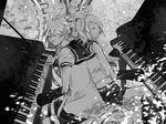  1girl bad_id bad_pixiv_id brother_and_sister closed_eyes detached_sleeves duet grand_piano greyscale hair_ornament hair_ribbon hairclip headset instrument kagamine_len kagamine_rin monochrome music piano ribbon siblings singing soriku twins vocaloid 
