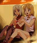  428 bare_shoulders blonde_hair boots canaan canaan_(character) cat's_cradle long_hair mori_(unknown.) multiple_girls oosawa_maria red_string short_hair sleeveless sleeveless_turtleneck string tomboy turtleneck white_hair 