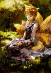  animal_ears bad_id bad_pixiv_id blonde_hair fox_ears fox_tail grass hat hat_removed headwear_removed holding holding_hat jq multiple_tails short_hair sitting solo tail touhou yakumo_ran 