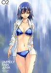  bikini blue_hair fairy_tail highres juvia_lockser looking_at_viewer mashima_hiro midriff nail_polish navel official_art open_clothes open_shirt shirt smile solo swimsuit thigh_gap wet wet_clothes wet_hair wide_hips 