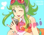  collar goggles goggles_on_head green_eyes green_hair gumi headphones microphone one_eye_closed open_mouth short_hair simple_background solo ukon vintage_microphone vocaloid wrist_cuffs 