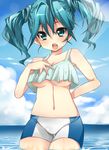  bad_id bad_pixiv_id bare_shoulders bike_shorts blue_eyes blue_hair breasts camisole copyright_request crop_top large_breasts navel personification shouno_kotarou solo twintails underboob wading 