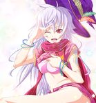  bad_id bad_pixiv_id bracelet fantasy_earth_zero feathers hat highres jewelry long_hair mana_(blade_of_mana) midriff navel one_eye_closed open_mouth purple_hair red_eyes shirt_lift sitting solo star tattoo 