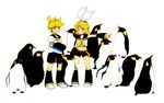  1girl animal aqua_eyes bad_id bad_pixiv_id bird blonde_hair brother_and_sister flock goruti hair_ornament hair_ribbon hairclip headphones kagamine_len kagamine_rin midriff necktie penguin ribbon short_hair shorts siblings simple_background smile twins vocaloid 