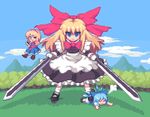  alice_margatroid bad_id bad_pixiv_id blonde_hair blue_eyes blue_hair book bow cirno doll dual_wielding goliath_doll hairband holding kou_2008 long_hair lowres multiple_girls pixel_art short_hair sword touhou touhou_hisoutensoku weapon wings 
