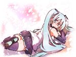  aqua_eyes aqua_hair ass detached_sleeves hatsune_miku long_hair looking_back lying necktie nisehoya on_stomach skirt solo thighhighs twintails very_long_hair vocaloid zettai_ryouiki 