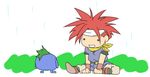  armband chibi chrono_trigger crono green_hair headband lowres male_focus nu o_o rain red_hair sitting spiked_hair 