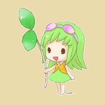  :d chibi dress goggles goggles_on_head green_hair gumi leaf open_mouth plant sangatsu_youka short_hair simple_background smile solo vocaloid 