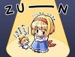  2girls alice_margatroid blonde_hair bow brown_eyes chibi doll hair_bow hairband lonely multiple_girls pout ribbon sakino_shingetsu shanghai_doll short_hair spotlight tears touhou translated wings 