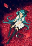  aqua_hair bad_id bad_pixiv_id black_legwear bracelet flower frilled_legwear frills hatsune_miku headphones jewelry legs long_hair looking_up petals red rose sairin solo thighhighs twintails very_long_hair vocaloid world_is_mine_(vocaloid) 