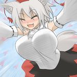  animal_ears blush bouncing_breasts breasts closed_eyes detached_sleeves fang hat heart huge_breasts incoming_hug inubashiri_momiji open_mouth oro_(zetsubou_girl) outstretched_arms silver_hair solo spread_arms tail tokin_hat touhou wolf_ears wolf_tail 