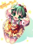  :d \m/ frills from_above goggles goggles_on_head green_eyes green_hair gumi kosuzume open_mouth short_hair sitting skirt smile solo star vocaloid wrist_cuffs 