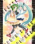  aqua_eyes aqua_hair bike_shorts detached_sleeves green_eyes green_hair gumi happy hatsune_miku headphones highres legs long_hair mikuriya_wata multiple_girls shoes short_hair shorts shorts_under_skirt skirt smile sneakers socks twintails vocaloid wrist_cuffs 