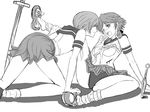  areolae blood breasts genderswap genderswap_(mtf) greyscale hanamura_yousuke headphones injury kunai md5_mismatch medium_breasts monochrome multiple_girls narukami_yuu navel persona persona_4 school_uniform shoe_dangle short_hair skirt suta_furachina sword underboob weapon yuri 