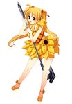  bardiche blonde_hair dress fate_testarossa flower hair_flower hair_ornament hair_ribbon highres iga_tamaki legs long_hair lyrical_nanoha mahou_shoujo_lyrical_nanoha_strikers mizuki_nana red_eyes ribbon seiyuu_connection solo sunflower twintails 