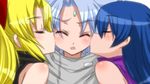  2girls adam_blade bad_id bad_pixiv_id blonde_hair blue_hair blush bow closed_eyes derivative_work eve_neuschwanstein kiss long_hair multiple_girls needless nmoo parody seto_(needless) younger 